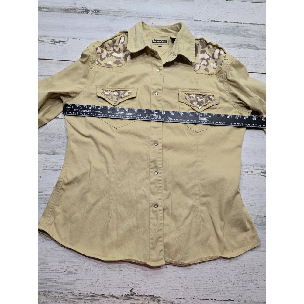 Cowgirl Hardware Tan Leopard Print Rhinestone Western Snap Shirt Size Large - Picture 2 of 7